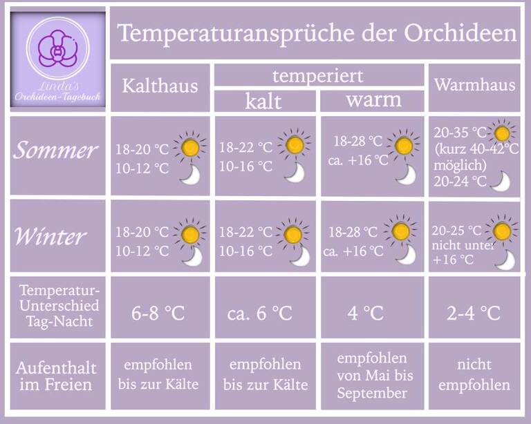 Tabelle Temperaturansprüche der Orchideen